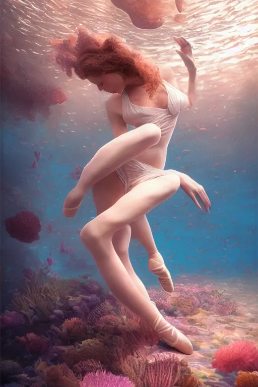 Image similar to stunningly beautiful, ballerina at the bottom of the great barrier reef by jaques cousteau, smooth, focus, highly detailed, hyper realistic, dramatic lighting, intricate, concept art, art by wlop