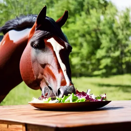 Image similar to a large humanoid horse sitting at a rustic table eating a small side salad