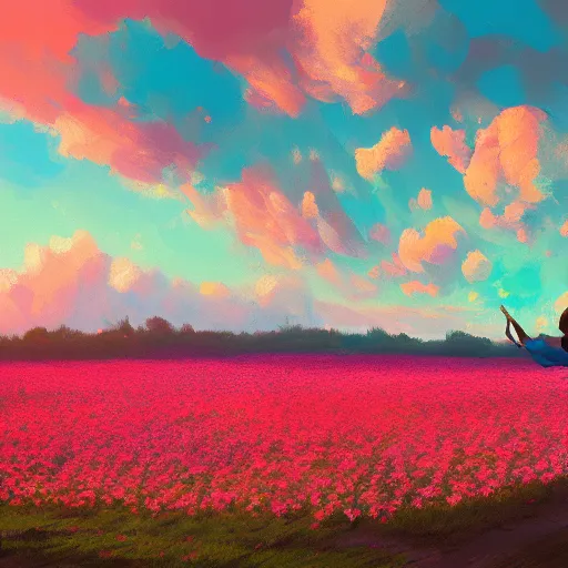 Prompt: large rose head, girl standing in a flower field, surreal photography, sunrise dramatic light, impressionist painting, colorful clouds, digital painting, artstation, simon stalenhag