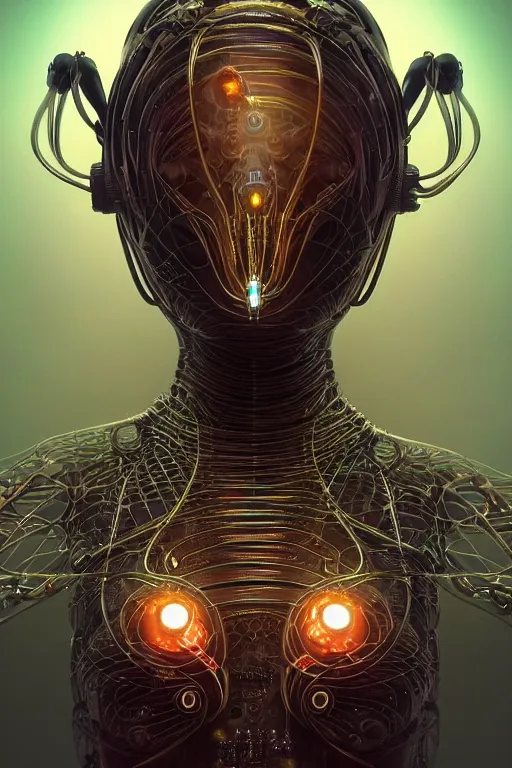 Image similar to a centered render of an alien bio - organic creature adorned with cables and synthesizer parts is surrounded by sacred geometry, full body, bio - mech face, powerful, cinematic, beautifully lit, by artgerm, by karol bak, 3 d, trending on artstation, octane render, 8 k