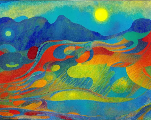 Image similar to A wild, insane, modernist landscape painting. Wild energy patterns rippling in all directions. Curves, organic, zig-zags. Mountains, clouds. Rushing water. Waves. Psychedelic dream world. Odilon Redon. Peter Max.