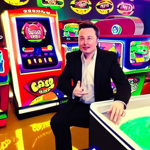 Prompt: “ elon musk playing in a chuck e cheese arcade, portrait, realistic, award winning ”