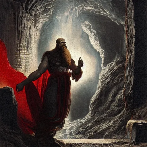 Image similar to God of forging and fire hephaistus creating the first artificial neural network in his volcanic laboratory, hephaistos has a beard and a red cape and is very strong, cinematic lighting, dark background, gustave dore painting