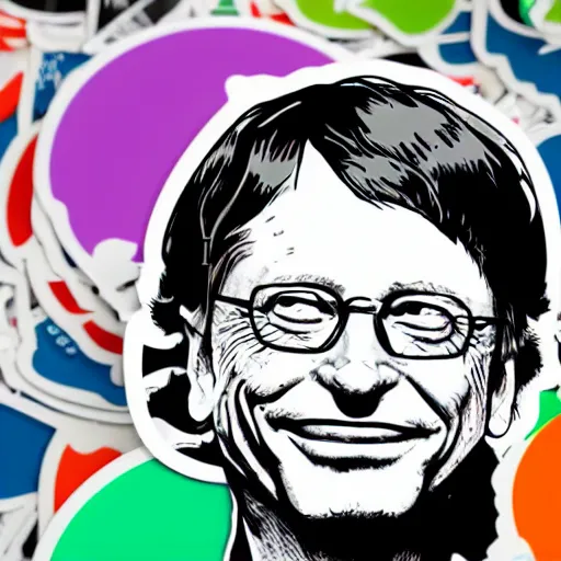 Prompt: sticker illustration of angry bill gates pulling middle finger