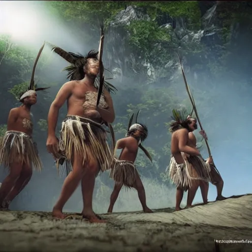 Prompt: south american native tribe in a report for a french tv, ultra detailed, photorealistic, dynamic light, cinematic