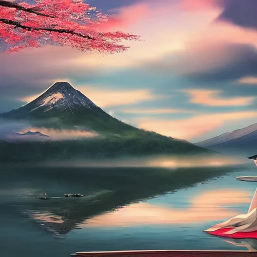 Image similar to japanese landscape, geisha of thomas dubois, portrait, kimono, water, reflection, clouds, nature, snowy peak, lake kawaguchi, sunset, white blossoms, 4 k, fantasy art, amazing awesome and epic, ultrafine detail, ultra hd wallpaper