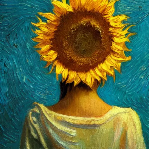 Prompt: closeup, giant sunflower head, woman standing in a room, surreal, dramatic light, impressionist painting, digital painting, artstation, van gogh