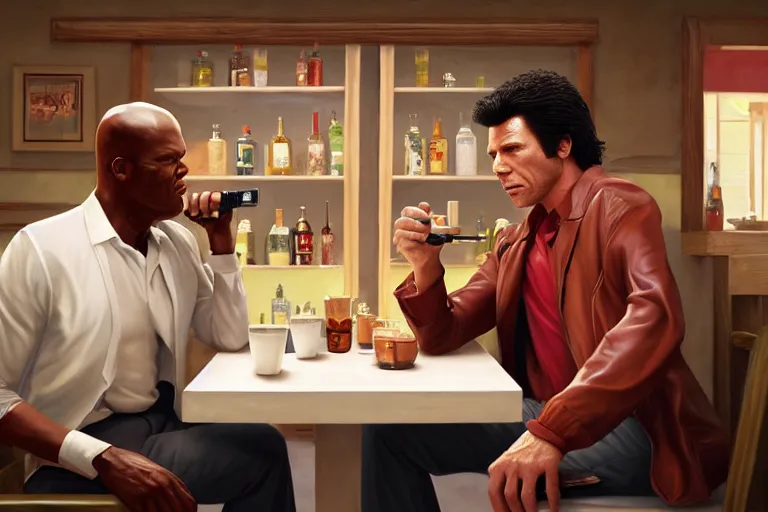 Image similar to painting pulp fiction movie highly detailed full - body samuel l jackson and john travolta posing in cafe, perfect symmetrical eyes, by eddie mendoza and tyler edlin, 8 k resolution, digital art, hyper realistic