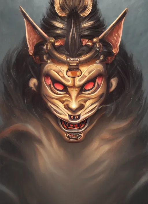 Prompt: a beautiful detailed oil on copper art illustration of a japanese oni kitsune samurai mask devil woman, the mask is broken, centered, by charlie bowater, zeng fanzh, trending on artstation, dim dusk lighting, cinematic lighting, detailed lighting, volumetric lighting, realistic, f 8, 4 k hd wallpaper