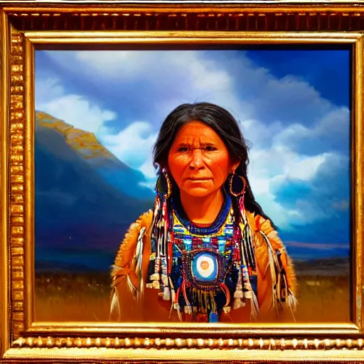 Image similar to portrait of a hopi woman ( 3 5 ) from the hopi reservation in northeastern arizona, an oil painting by ross tran and thomas kincade