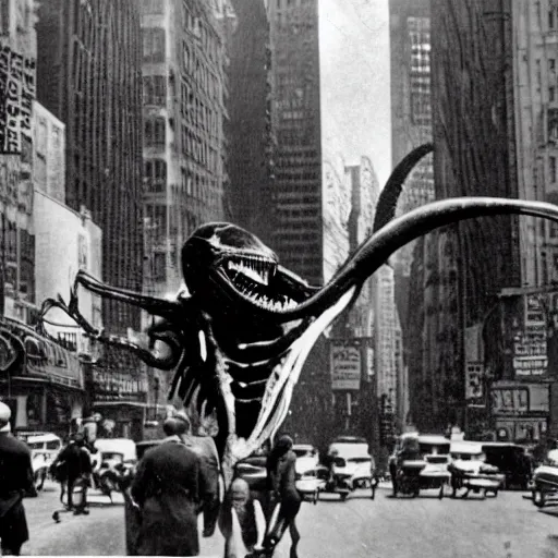 Image similar to old black and white photo, 1 9 1 3, depicting a xenomorph from the movie aliens rampaging through the bustling streets of new york city, historical record