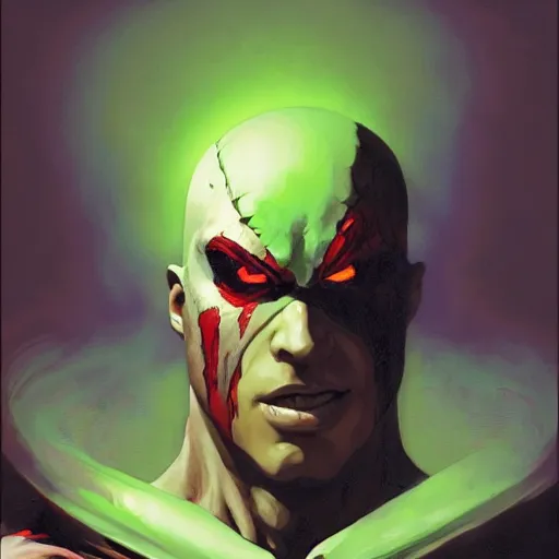 Image similar to 4k headshot of Spawn from Macfarlane comics , killing with green fire by Craig Mullins, ilya kuvshinov, krenz cushart, epic , artgerm trending on artstation by Edward Hopper and Dan Mumford and WLOP and Rutkovsky, beksinski carl spitzweg moebius and tuomas kocar, intricate artwork by caravaggio, Unreal Engine 5, Lumen, Nanite , 4K headshot of godlike clown with defined arms and open hands and bloody clothes with giant mandala wings , intricate face , flawless anime cel animation by Kentaro Miura, psychedelic , highly detailed upper body , professionally post-processed , beautiful, scary, symmetry accurate features, epic, octane rendered, anime masterpiece, accurate