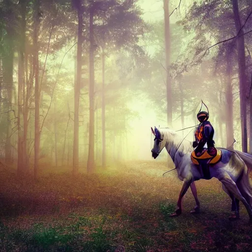 Prompt: arrows struck astronaut riding a horse in a fantasy forest, landscape, morning ambience, cinematic, digital art, front lit, epic, cinematic