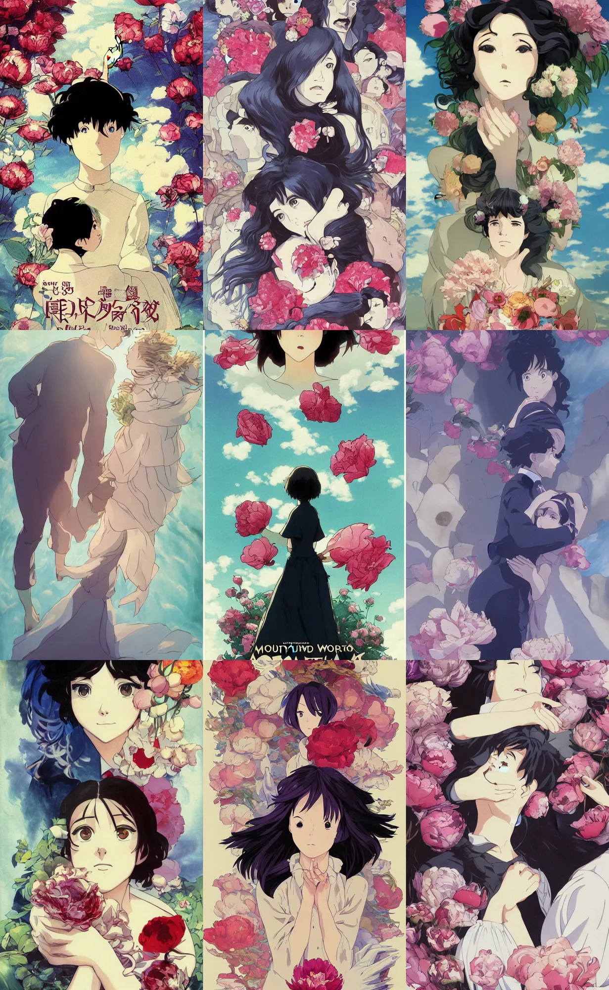 Prompt: bestselling movie poster, official media,a cinematic beautiful closeup moment of saying goodbye. Dancing slowly peonies howls moving castle, simple form, brutal shapes, shaman, pixiv, 1970s fashion, official anime media, studio ghibli, artwork by doja cat, charlie bowater, frederick judd waugh, Joaquin Sorolla, john william, waterhouse , James Jean, Charles Maurice, greg rutkowski, wong kar wai