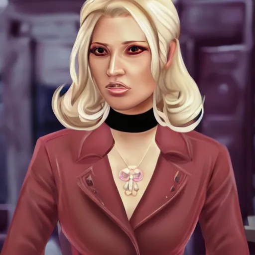 Image similar to A female mafia character with blond hair and pink clothing