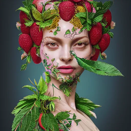 Prompt: the portrait of an absurdly beautiful, graceful, elegant, sophisticated, stylish woman made of strawberries and green petals looking up, an ultrafine hyperdetailed illustration by kim jung gi, irakli nadar, intricate linework, bright colors, octopath traveler, final fantasy, unreal engine 5 highly rendered, global illumination, radiant light, detailed and intricate environment