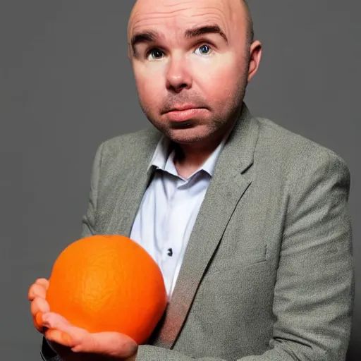Prompt: karl pilkington with a head as an orange