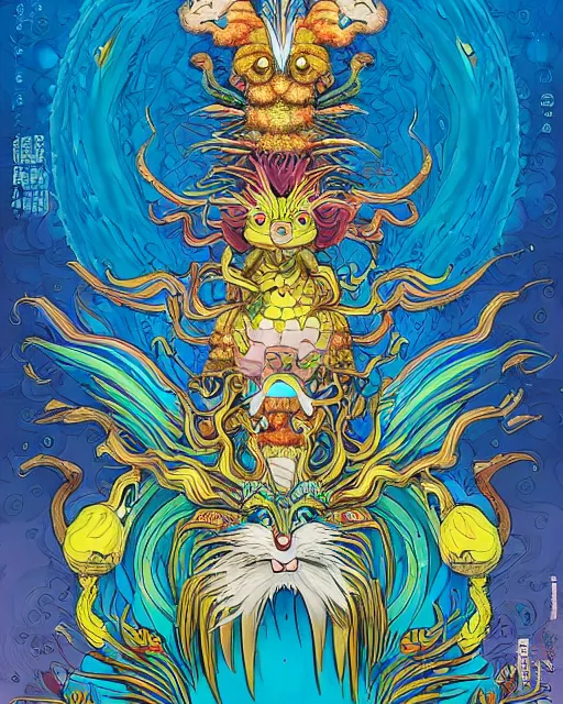 Prompt: bicameral humanoid mythical beast, fantastical, cute, and beautiful hybrid of different animals, a humorous psychedelic creature concept design by Moebius, Studio Ghibli, Toru Narita, in the style of Takashi Murakami, symmetrical 4K
