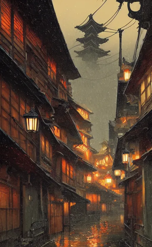 Prompt: a beautiful artwork illustration, rainy medieval japanese village at night, high contrast, high contrast, high contrast, vibrant colors, vivid colors, high saturation, by Greg Rutkowski and Jesper Ejsing and Raymond Swanland, featured on artstation, wide angle, vertical orientation