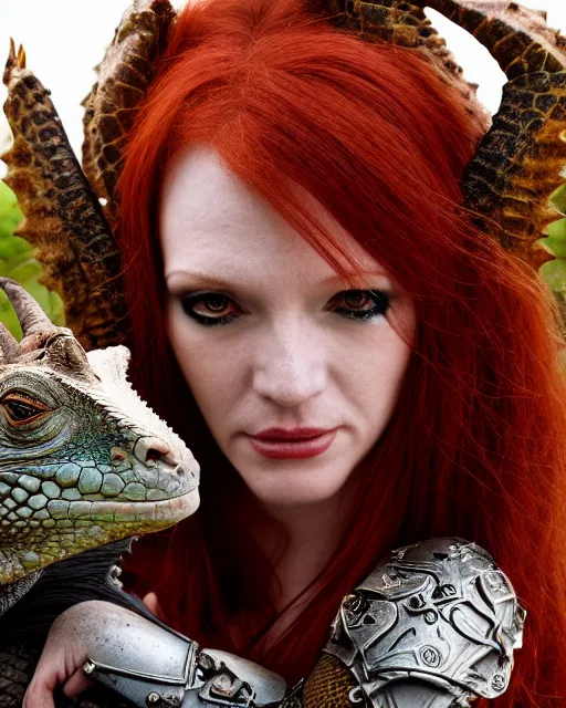 Image similar to 5 5 mm portrait photo of an armored redhead woman with goat horns and a an iguana sitting on her shoulder by luis royo. highly detailed 8 k. intricate. lifelike. soft light. nikon d 8 5 0. cinematic post - processing