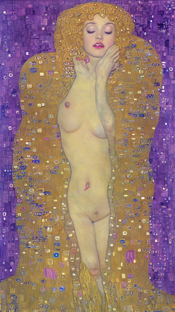 Image similar to a soft and breathtaking detailed painting of a full body sleeping blonde princess in the style of Gustav Klimt, blonde hair, shiny gold, elegant, highly detailed, artstation, fluo colors, concept art, matte, sharp focus, art by Gustav Klimt