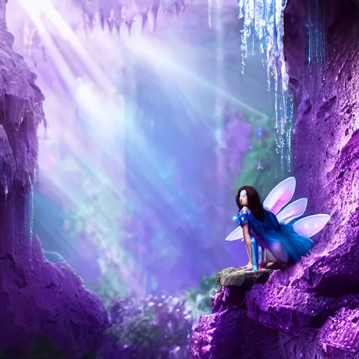 Prompt: a cinematic render of a silhouette of a purple styled fairy surrounded by amethysts, sitting in a mystical waterfall cave, lilac sunrays, matte painting, highly detailed, 8 k