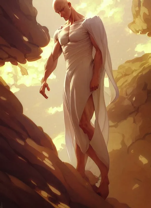 Image similar to ultra realistic illustration, handsome saitama. cape, intricate, elegant, highly detailed, digital painting, artstation, concept art, smooth, sharp focus, illustration, art by artgerm and greg rutkowski and alphonse mucha and wlop