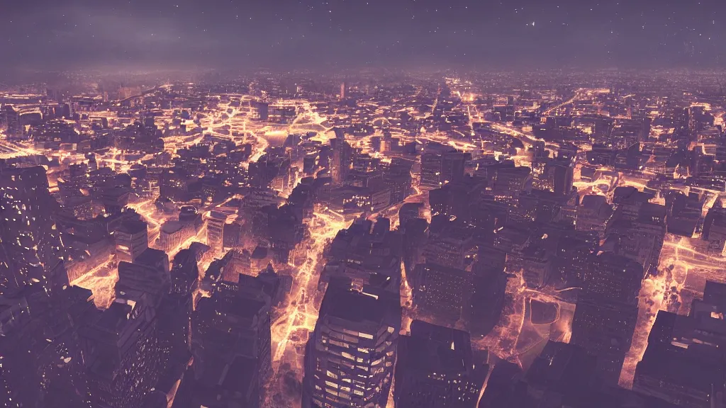 Image similar to view of a city from the top of a building at night, glowing stars, shooting star, dramatic lighting, 8k uhd, award winning, octane render, unreal engine