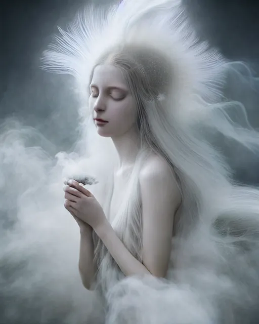 Image similar to delicate, dreamy, feminine, subsurface scattering, white, young beautiful goddess in cosmos long white hair floating in air, white feather dress, fluid smoke art, black and white, octane render, dino valls, mark ryden, joe fenton, michal karcz, highly detailed, rim light, art, cinematic lighting, very coherent, hyper realism, 8 k