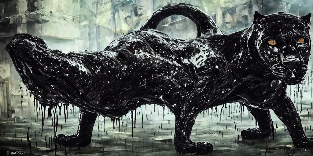 Image similar to the panther made of black goo, dripping tar, drooling ferrofluid, prowling through a suburban neighborhood. painting, environment art, realistic, detailed