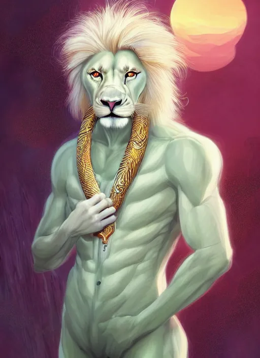 Prompt: aesthetic portrait commission of a of a male fully furry muscular anthro albino lion with a tail and a beautiful attractive hyperdetailed face with a pet green snake curling around his neck, wearing stylish and creative wearing mint outfit made out of silk in a sci-fi dystopian city at golden hour while it storms in the background. Character design by charlie bowater, ross tran, artgerm, and makoto shinkai, detailed, inked, western comic book art, 2021 award winning film poster painting