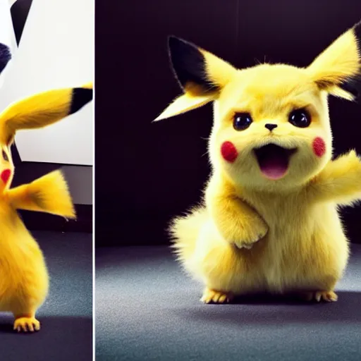 Image similar to portrait sneezing mid - sneeze cute detective pikachu mid - sneeze wiping face with rag at a photoshoot studio lighting