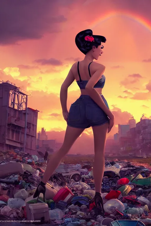 Prompt: pinup in mini short with backpack looking at food at garbage dump, destroyed cars, city is pure wasteland, moody sunset background, rays of sunlights, ( ( ( rainbow ) ) ), high details, sharp, photorealism, cinematic, greg rutkowski, alphonse mucha, trending on artstation, artgerm, unreal engine, highly detailed