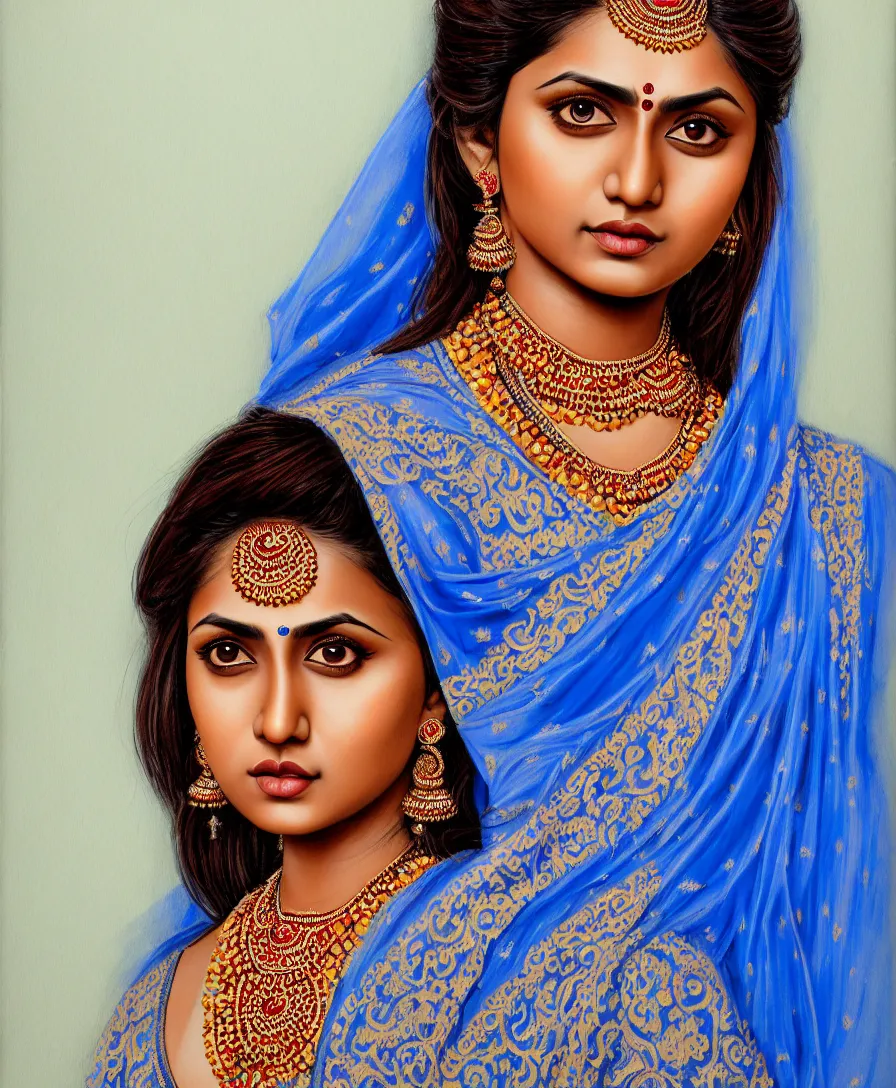 Prompt: highly detailed full body portrait of south asian brown woman in traditional wear, studio portrait, grey colored eyes, blue colored traditional wear, photo by jerry ghionis, hyper realistic, concept art, 8 k detail post - processing