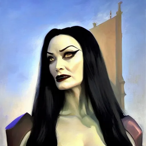 Image similar to greg manchess portrait painting of partially armored morticia from addams family as overwatch character, medium shot, asymmetrical, profile picture, organic painting, sunny day, matte painting, bold shapes, hard edges, street art, trending on artstation, by huang guangjian and gil elvgren and greg rutkowski