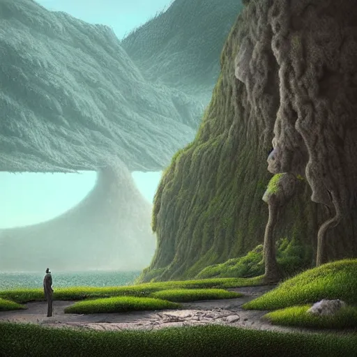 Prompt: digital art of a lush natural scene on an alien planet by michal klimczak ( shume ). extremely detailed. science fiction. beautiful landscape. weird vegetation. cliffs and water.