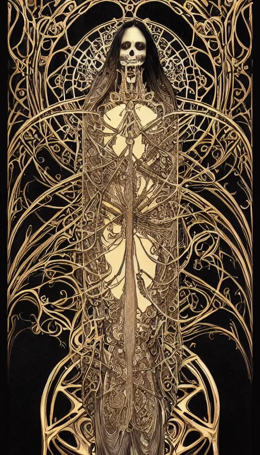 Image similar to a skeleton in a black cloak, highly detailed, very intricate, art nouveau, gold filigree, left right symmetry, tarot concept art watercolor illustration by mandy jurgens and alphonse mucha and alena aenami, featured on artstation