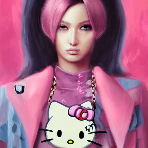 Prompt: cybercore hello Kitty fashion, gucci catwalk, oil painting, digital art, ultradetailed, artstation