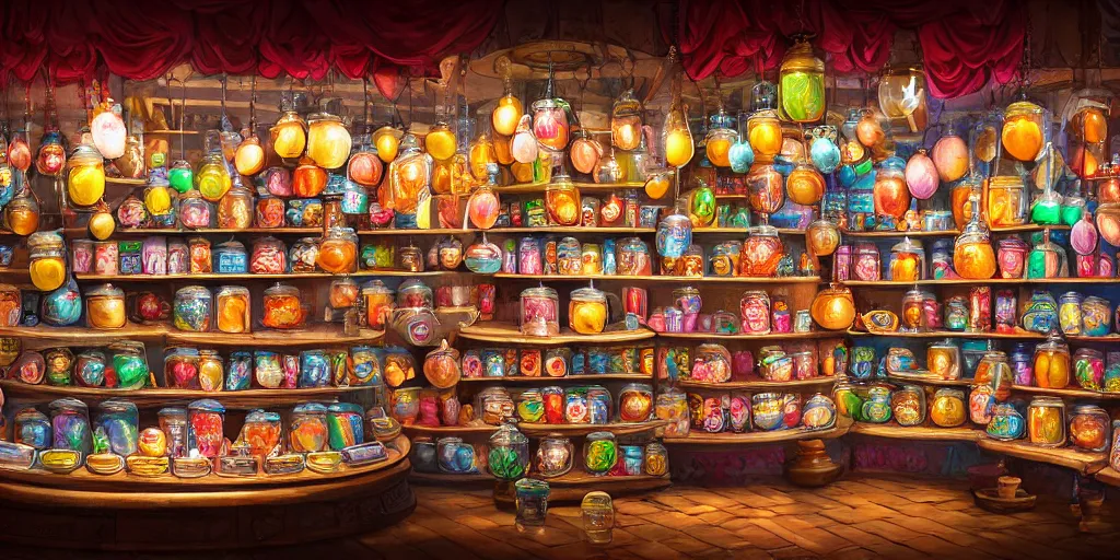 Image similar to Inside an old magical sweet shop, large jars on shelves, beautiful labels, fantasy vendor interior, wide angle, cinematic, highly detailed, photorealistic, rich bright colors, trending on artstation, trending on cgsociety