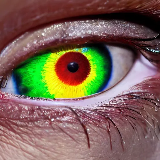 Prompt: a high detailed close up photo of a woman eye with three pupils of rainbow colors