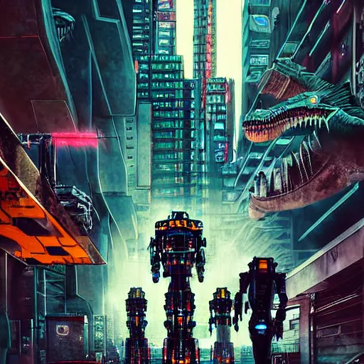 Prompt: beautiful detailed movie poster photograph, urban gang of drug dealing robot mecha dinosaurs, cyberpunk, city, crime, dystopian, graffiti, cgi, dark