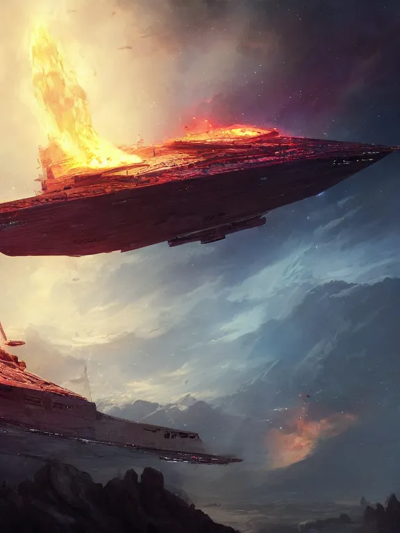 Prompt: photo of 8k ultra realistic star destroyer on fire, full of colour, cinematic lighting, battered, trending on artstation, 4k, hyperrealistic, focused, extreme details,unreal engine 5, cinematic, masterpiece, art by Peter Mohrbacher