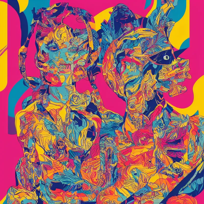 Prompt: album cover design in beautiful bright colors by tristan eaton and james jean