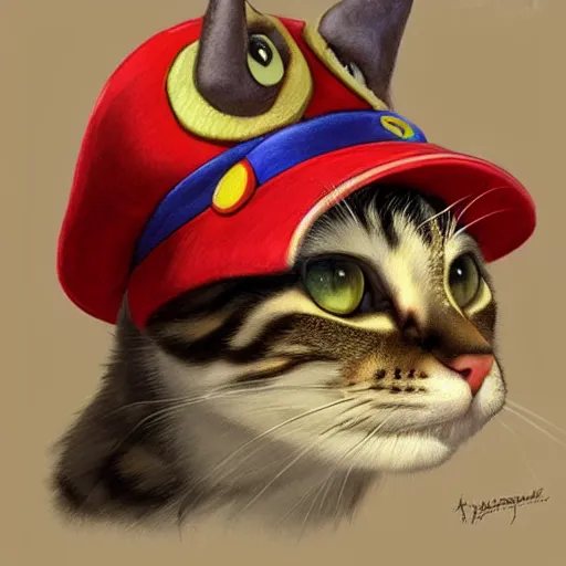 Image similar to Portrait of a Cat dressed as Super Mario, Mario hat, nintendo, highly detailed, digital painting, artstation, concept art, smooth, sharp focus, illustration, art by artgerm and greg rutkowski and alphonse mucha