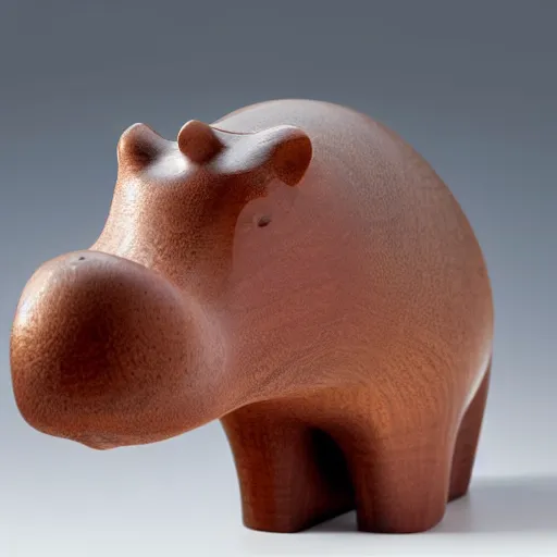 Prompt: a zoomed out studio product shot of a minimalist carved hippopotamus, made from cherry wood and blue resin, in profile, like a catalog photograph, mostly wood, with a smooth featureless minimalist look