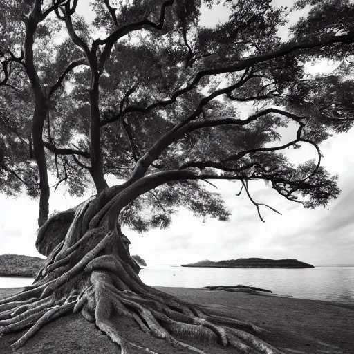 Prompt: a island that is made of a tree, black and white, high-res