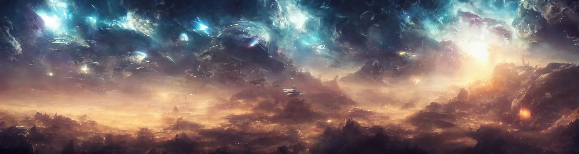 Prompt: city floating in space, lots of spacecraft flying to and from. beautiful nebulae clouds. detailed fantasy art. concept art. dramatic lighting.