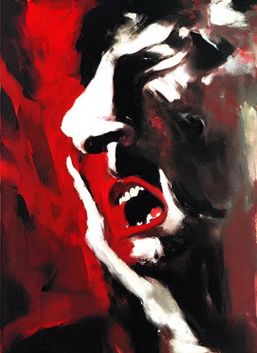 Image similar to dale cooper doppelganger, screaming, WHITE EYES! red curtains, painting by phil hale, 'action lines'!!!, graphic style, visible brushstrokes, motion blur, blurry
