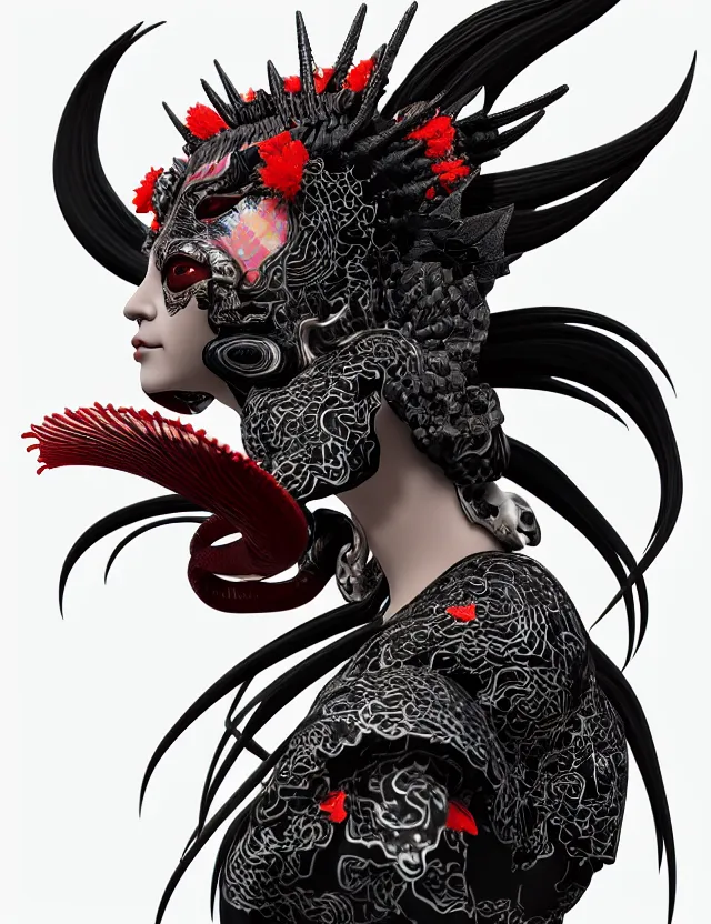 Image similar to 3 d goddess close - up profile satan biohazard portrait with crown, ram skull. beautiful intricately detailed japanese crow kitsune mask and clasical japanese kimono. betta fish, jellyfish phoenix, bio luminescent, plasma, ice, water, wind, creature, artwork by tooth wu and wlop and beeple and greg rutkowski