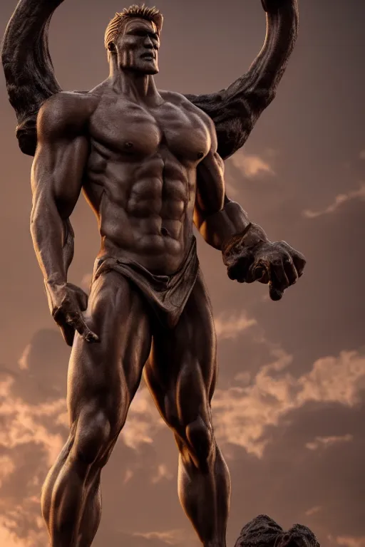 Prompt: photo of upper body delicate sculpture of a hulking herculean dolph lundgren as a humanoid deity, clothed in silk, heavily armoured, fantasy barbarian sunrays, cinematic lighting, photorealistic, octane render, 8 k, depth of field, 3 d sculpted by michelangelo and titian